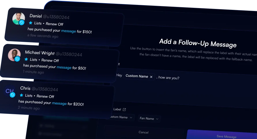 CreatorHero follow-up message editor inserting a fan's name, beside PPV purchase notifications