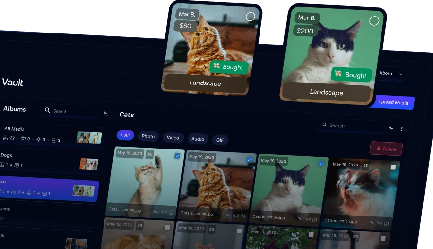 CreatorHero vault media library with albums and labels marking content fans already bought