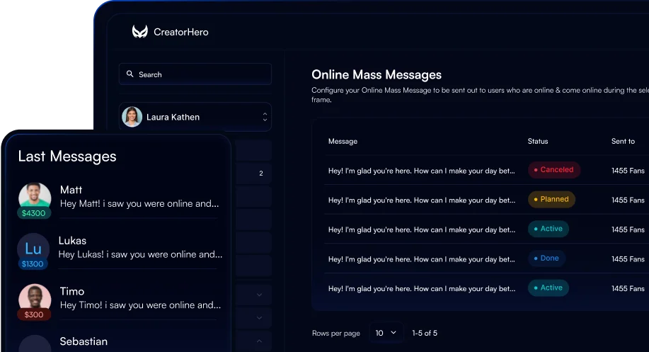 CreatorHero online mass message queue with send status per campaign and a recent fan messages panel