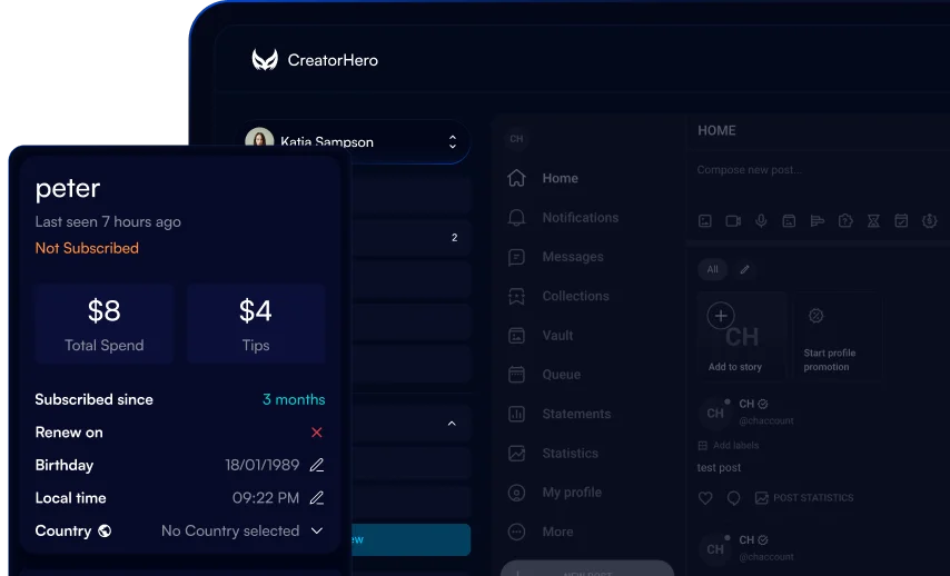 Fan profile in CreatorHero showing total spend, tips, subscription length and local time